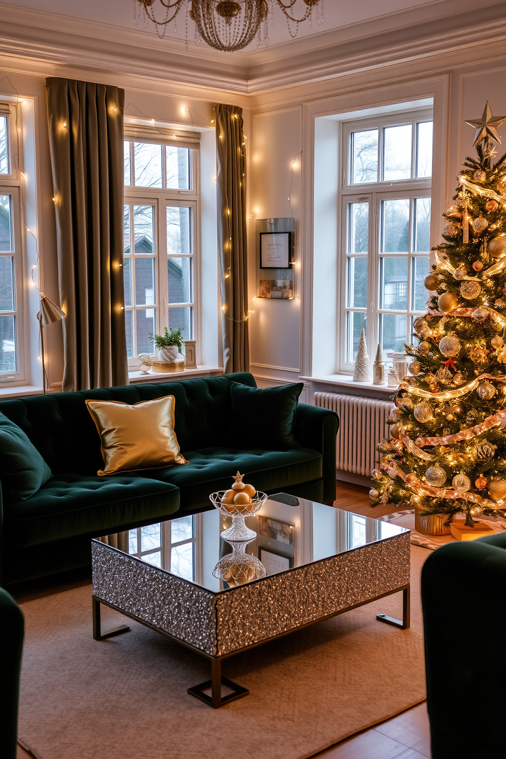 A cozy living room adorned for the holidays features shelves filled with holiday-themed books stacked neatly. The warm glow of string lights complements the festive decor, creating an inviting atmosphere for family gatherings.