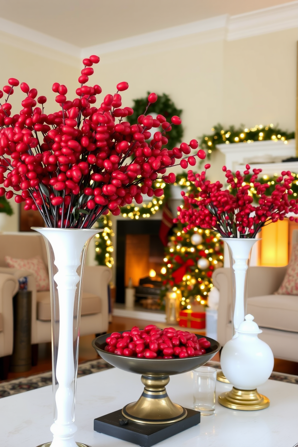 A cozy living room adorned for Christmas features vibrant red berries arranged in elegant vases placed strategically around the space. The room is filled with festive decorations, including a beautifully adorned Christmas tree in the corner and a warm, inviting fireplace decorated with garlands and twinkling lights.