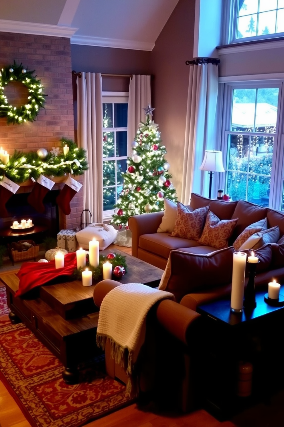 A cozy living room adorned for Christmas features a beautifully decorated tree in the corner, twinkling lights illuminating the room. Plush sofas are arranged around a rustic wooden coffee table, adorned with festive ornaments and a warm throw blanket. Soft ambient lighting with dimmers creates a warm and inviting atmosphere, enhancing the holiday spirit. Stockings hang from a stylish mantel, while candles flicker gently on side tables, adding to the charm of the festive decor.