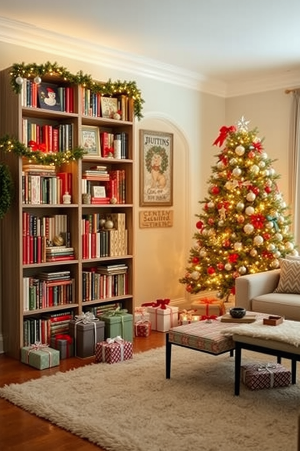 Themed bookshelves adorned with holiday books create a cozy and festive atmosphere. Each shelf is filled with a curated selection of seasonal titles, complemented by decorative accents like twinkling lights and festive ornaments. In the living room, Christmas decorating ideas bring warmth and cheer to the space. A beautifully decorated tree stands in one corner, surrounded by wrapped gifts and a plush area rug that adds comfort to the festive setting.