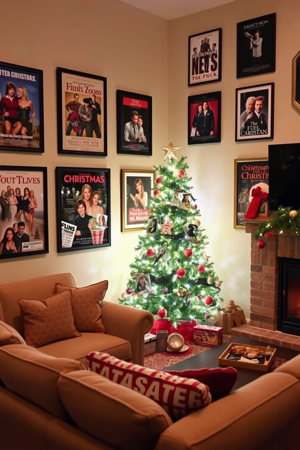 A cozy living room featuring a classic holiday movie display. The walls are adorned with framed posters of beloved Christmas films, creating a festive atmosphere. A beautifully decorated Christmas tree stands in the corner, adorned with twinkling lights and colorful ornaments. Plush seating arrangements invite guests to relax and enjoy the holiday spirit.