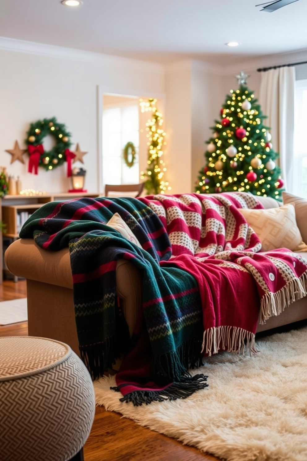 A cozy living room adorned for Christmas features string lights elegantly wrapped around the arms of a plush sofa and the legs of a stylish coffee table. The warm glow of the lights creates a festive atmosphere, complemented by a beautifully decorated tree in the corner and festive ornaments scattered throughout the space.