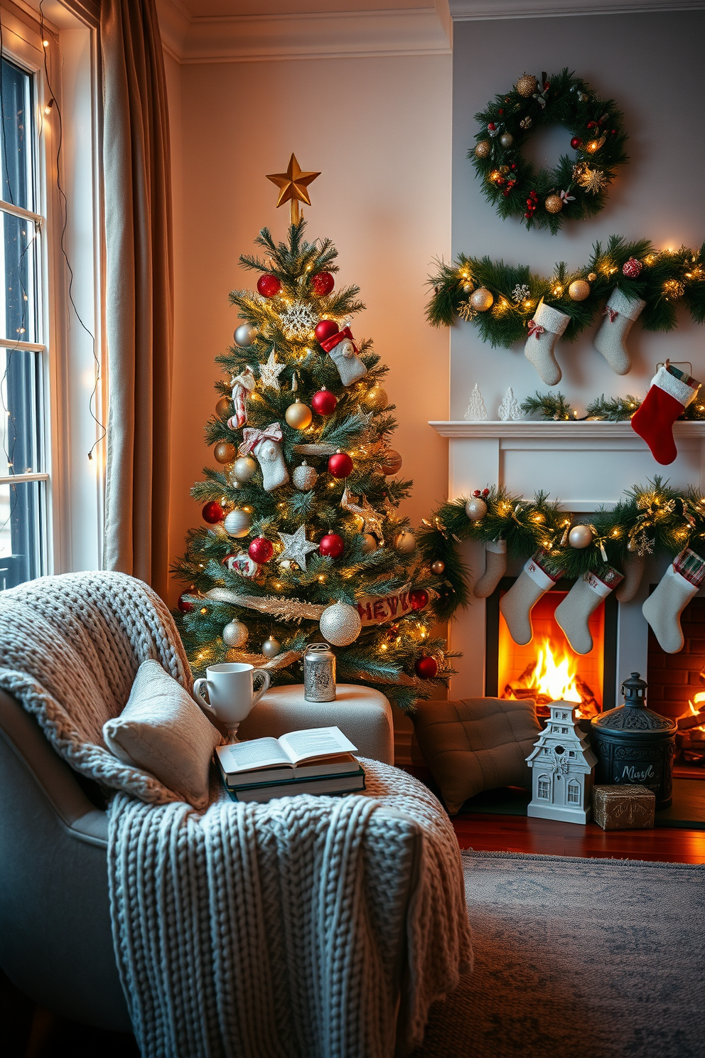 A cozy reading nook with holiday vibes featuring a plush armchair draped in a soft knitted blanket. A small side table holds a steaming cup of cocoa and a stack of festive books, while twinkling fairy lights are strung around the window. Living room Christmas decorating ideas include a beautifully adorned tree in the corner with shimmering ornaments and a star on top. A warm, inviting fireplace is surrounded by stockings and garlands, creating a festive focal point for gatherings.