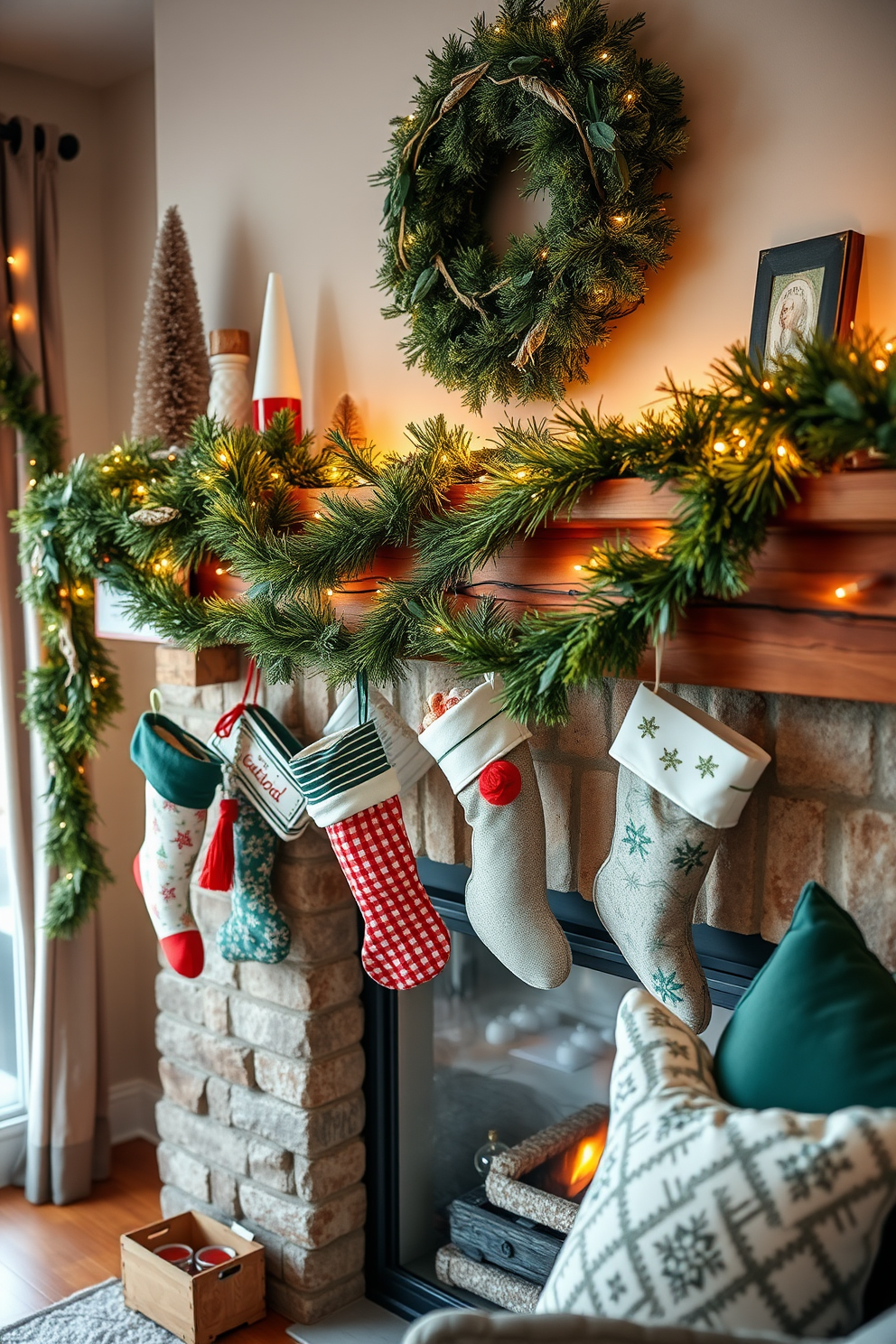 A cozy living room adorned for Christmas features a rustic wooden mantel decorated with lush green garlands and twinkling fairy lights. Stockings in various patterns hang from the mantel, each filled with small gifts and treats, creating a warm and festive atmosphere.