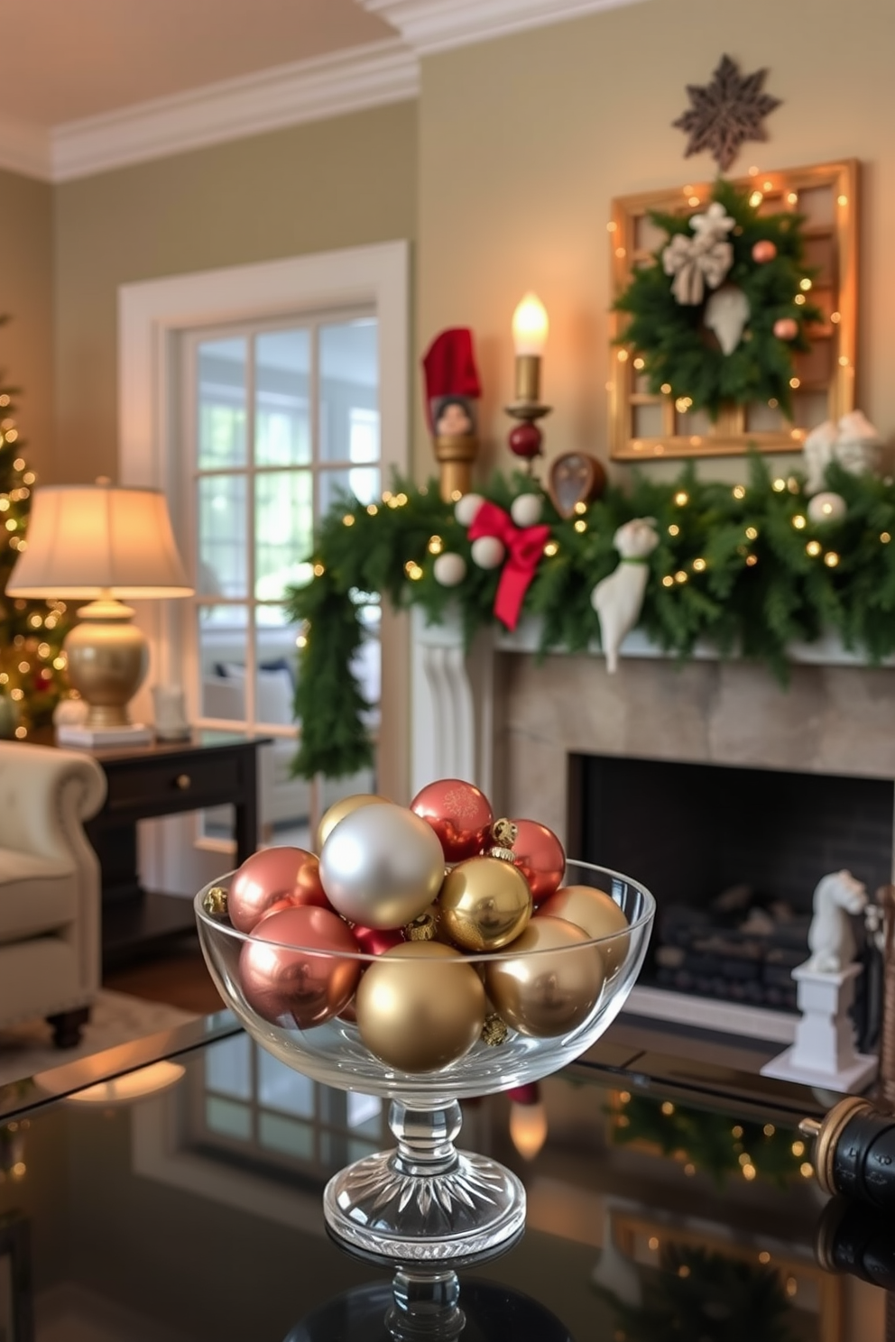 A cozy living room adorned with vintage ornaments displayed in a beautiful glass bowl. The space is filled with warm lighting, and a festive garland drapes elegantly over the mantelpiece, enhancing the holiday spirit.