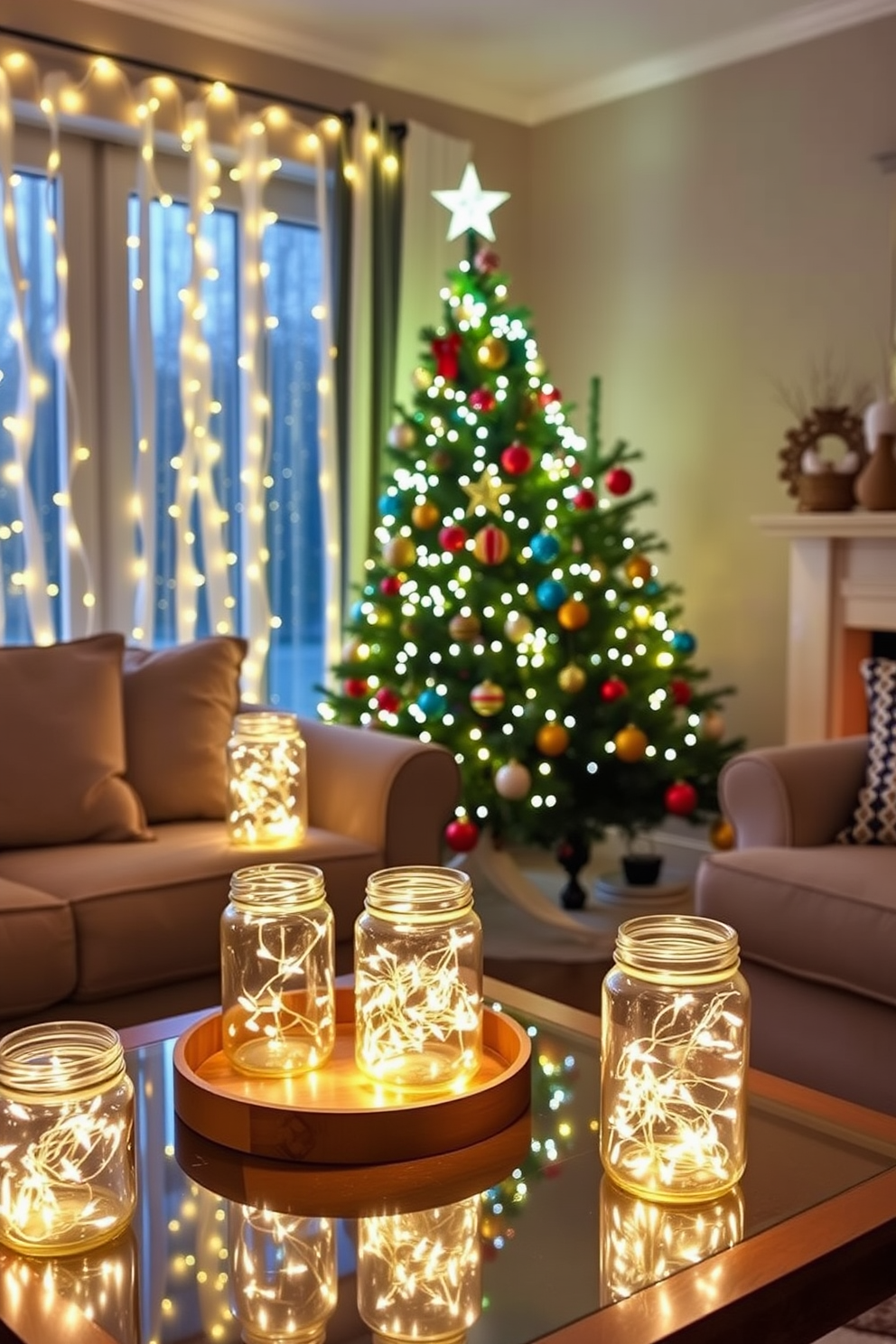 A cozy living room adorned with twinkling fairy lights nestled in glass jars placed on shelves and tables. The warm glow creates an inviting atmosphere, complemented by a beautifully decorated Christmas tree in the corner, adorned with colorful ornaments and a star on top.