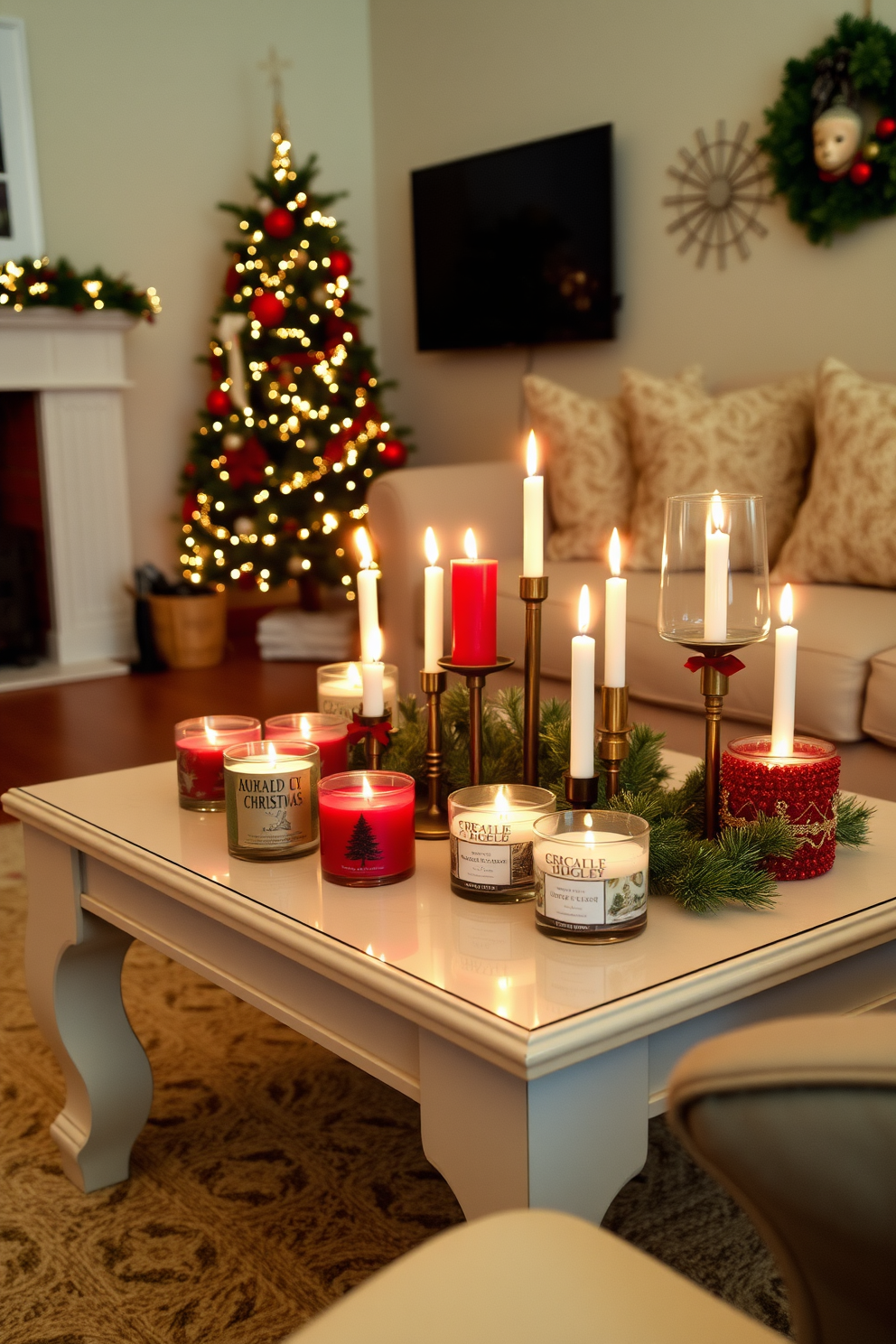 A cozy living room adorned for Christmas features a stylish coffee table at the center. On the table, an array of seasonal scented candles in festive holders creates a warm and inviting atmosphere.