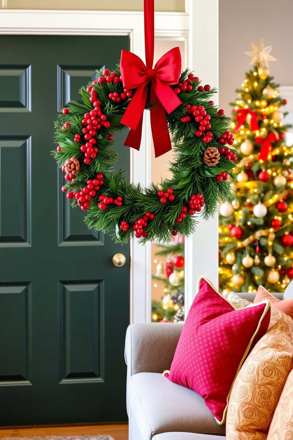 A festive wreath adorned with red berries and pinecones hangs gracefully on the front door, welcoming guests with holiday cheer. The door is painted a classic deep green, complementing the vibrant colors of the wreath. Inside the living room, a beautifully decorated Christmas tree stands tall in the corner, twinkling with warm white lights and colorful ornaments. Plush red and gold throw pillows are arranged on the sofa, creating a cozy and inviting atmosphere for family gatherings.