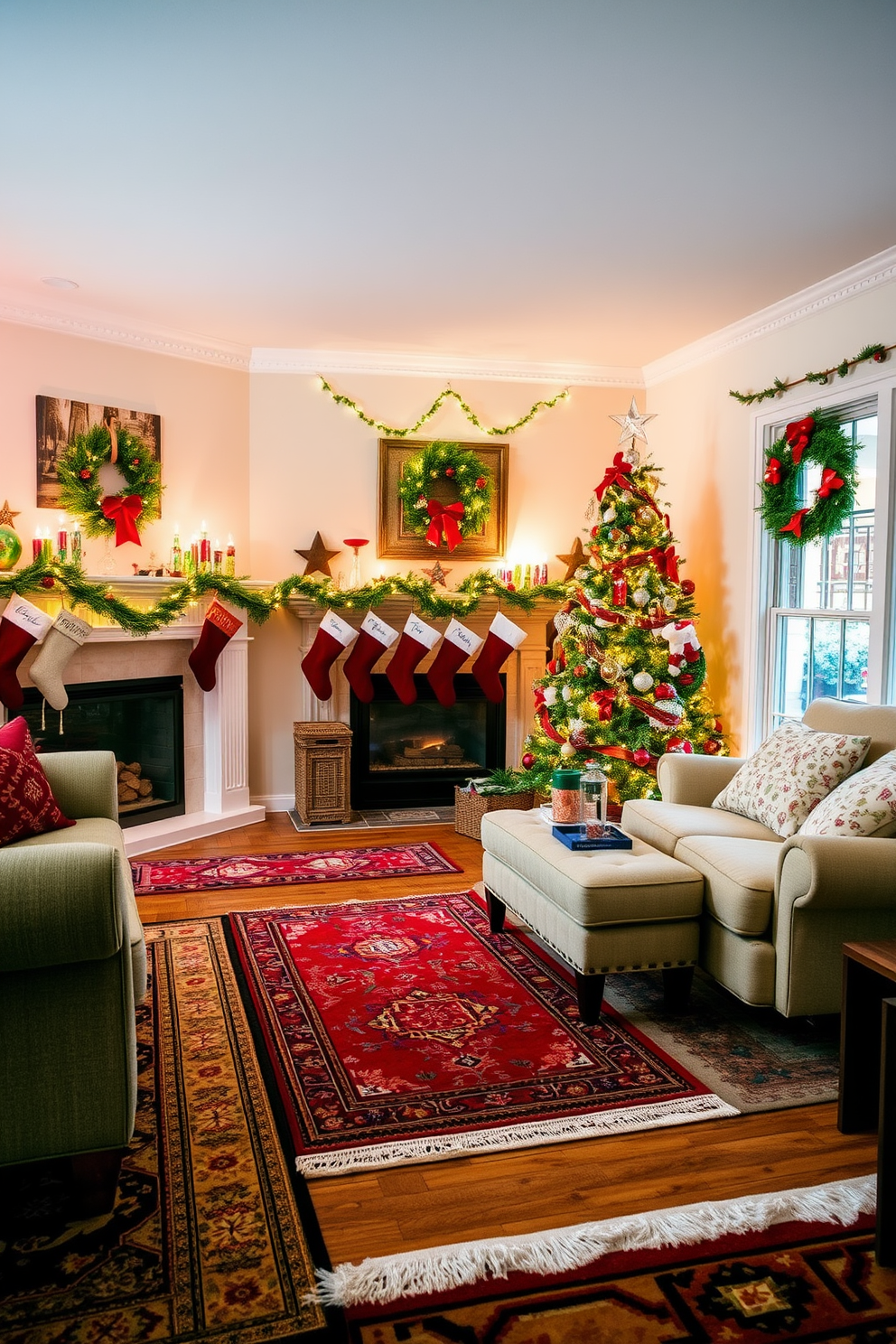 A colorful wreath adorned with red berries and green leaves hangs on the front door, welcoming guests with a festive touch. The door itself is painted in a deep navy blue, providing a striking contrast to the vibrant wreath. Inside the living room, a beautifully decorated Christmas tree stands tall in the corner, twinkling lights reflecting off the ornaments. Plush red and gold throw pillows are arranged on the sofa, creating a cozy and inviting atmosphere for holiday gatherings.