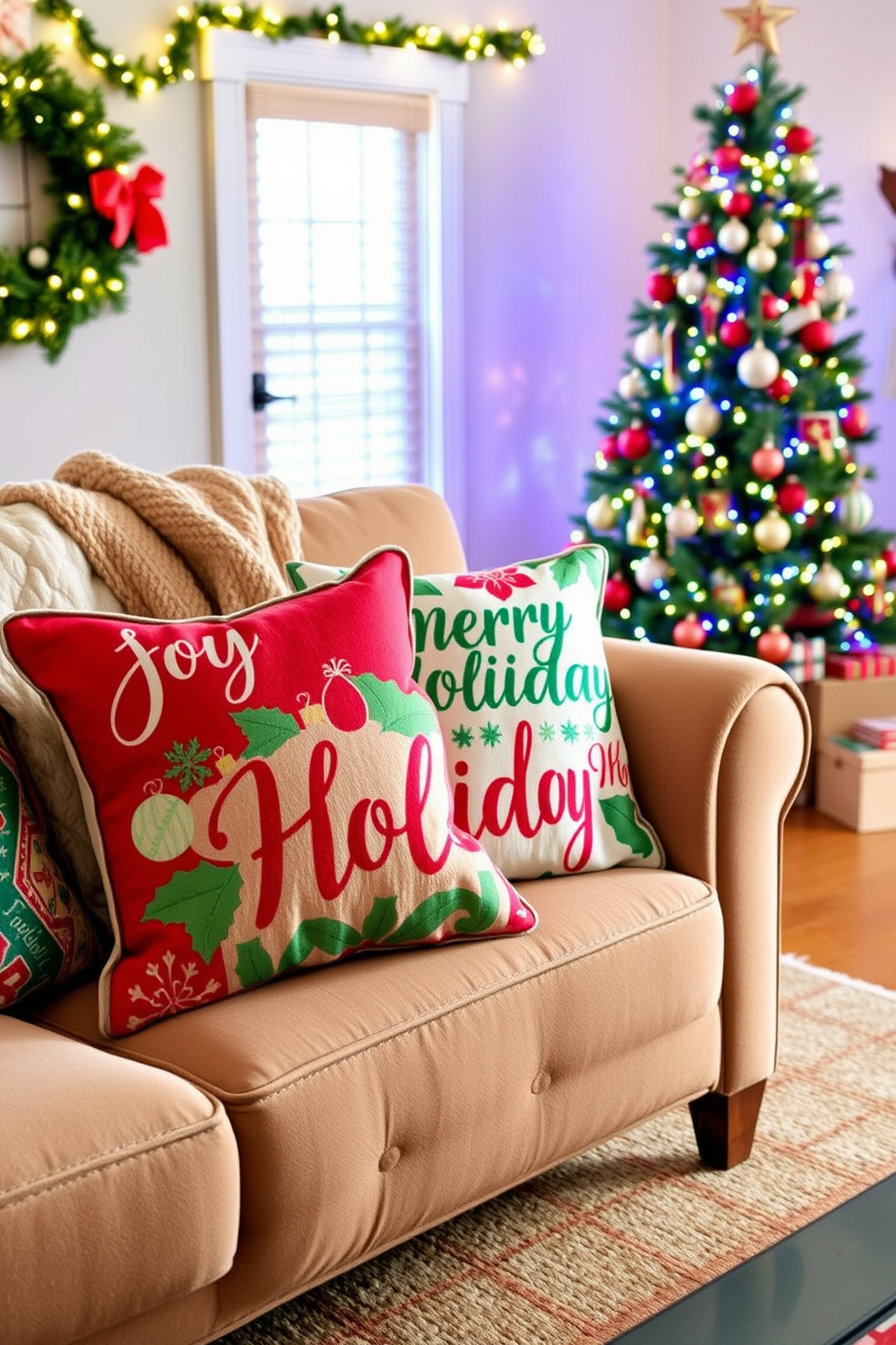 Joyful holiday-themed throw pillows adorn a cozy living room sofa, featuring vibrant colors and festive patterns that evoke the spirit of the season. The pillows are complemented by a plush throw blanket draped over the armrest, creating an inviting atmosphere perfect for holiday gatherings. The living room is decorated with a beautifully adorned Christmas tree in the corner, twinkling lights and colorful ornaments adding a touch of magic. A warm, neutral rug anchors the space, while twinkling garlands and festive decorations enhance the cheerful ambiance throughout the room.