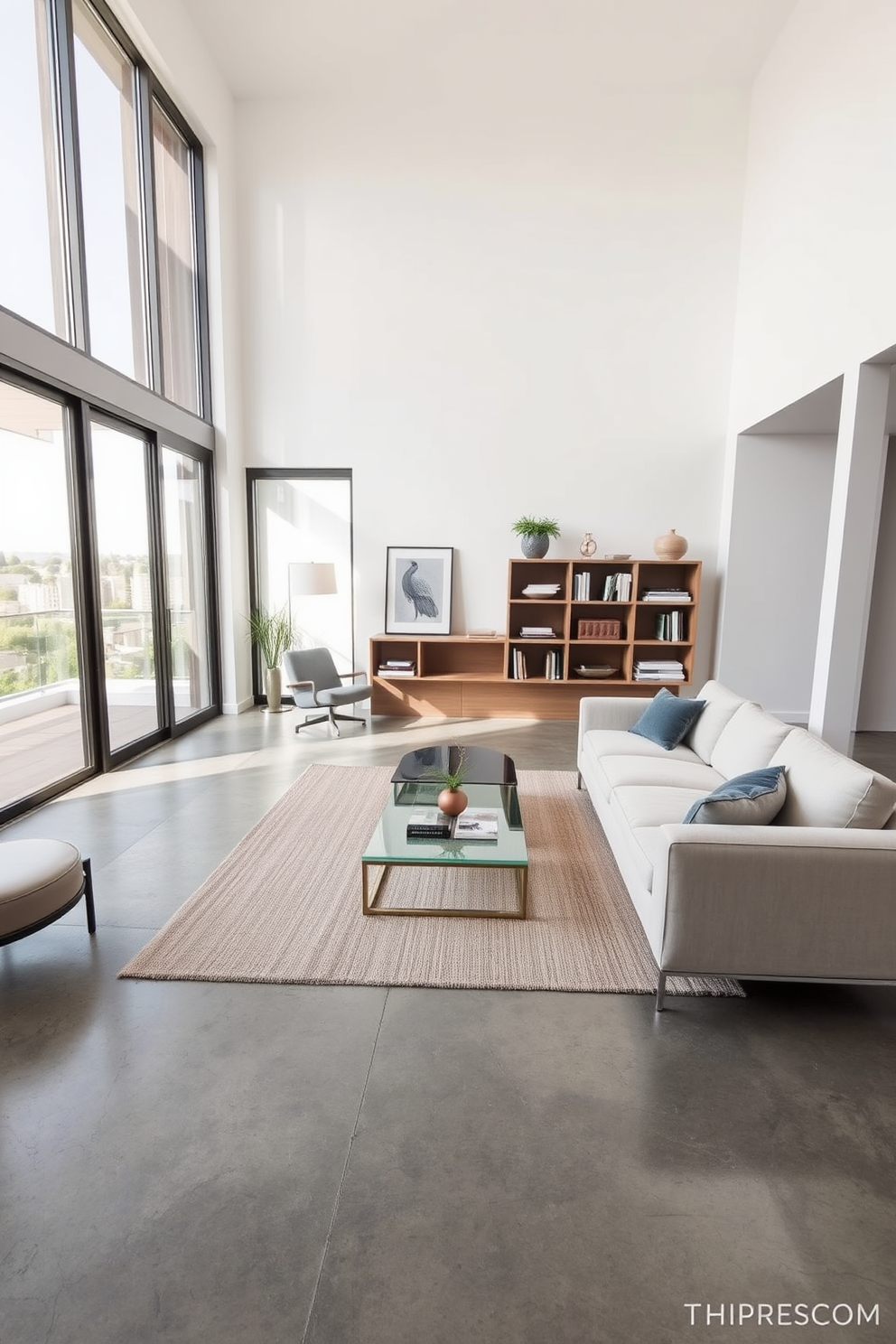 A modern minimalist living room features a sleek sectional sofa in a neutral color, positioned to face a low-profile coffee table made of glass and metal. Large windows allow natural light to flood the space, highlighting a simple area rug that adds warmth to the polished concrete floor. On one side of the room, a minimalist bookshelf displays a curated selection of books and decorative objects, while a single statement chair complements the seating arrangement. The walls are painted in a soft white hue, creating a serene backdrop for the understated yet elegant decor.