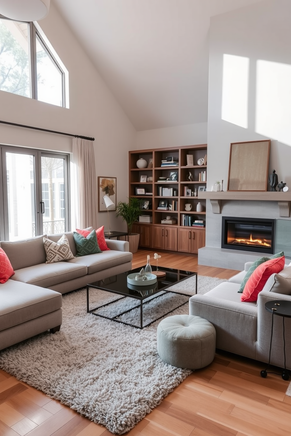 A cozy living room featuring a plush sectional sofa in a soft gray fabric, adorned with colorful throw pillows. A sleek coffee table sits in the center, surrounded by a plush area rug that adds texture to the space. To the side, a modern fireplace creates warmth and ambiance, framed by built-in bookshelves filled with curated decor and books. Large windows allow natural light to flood the room, with sheer curtains gently diffusing the sunlight.