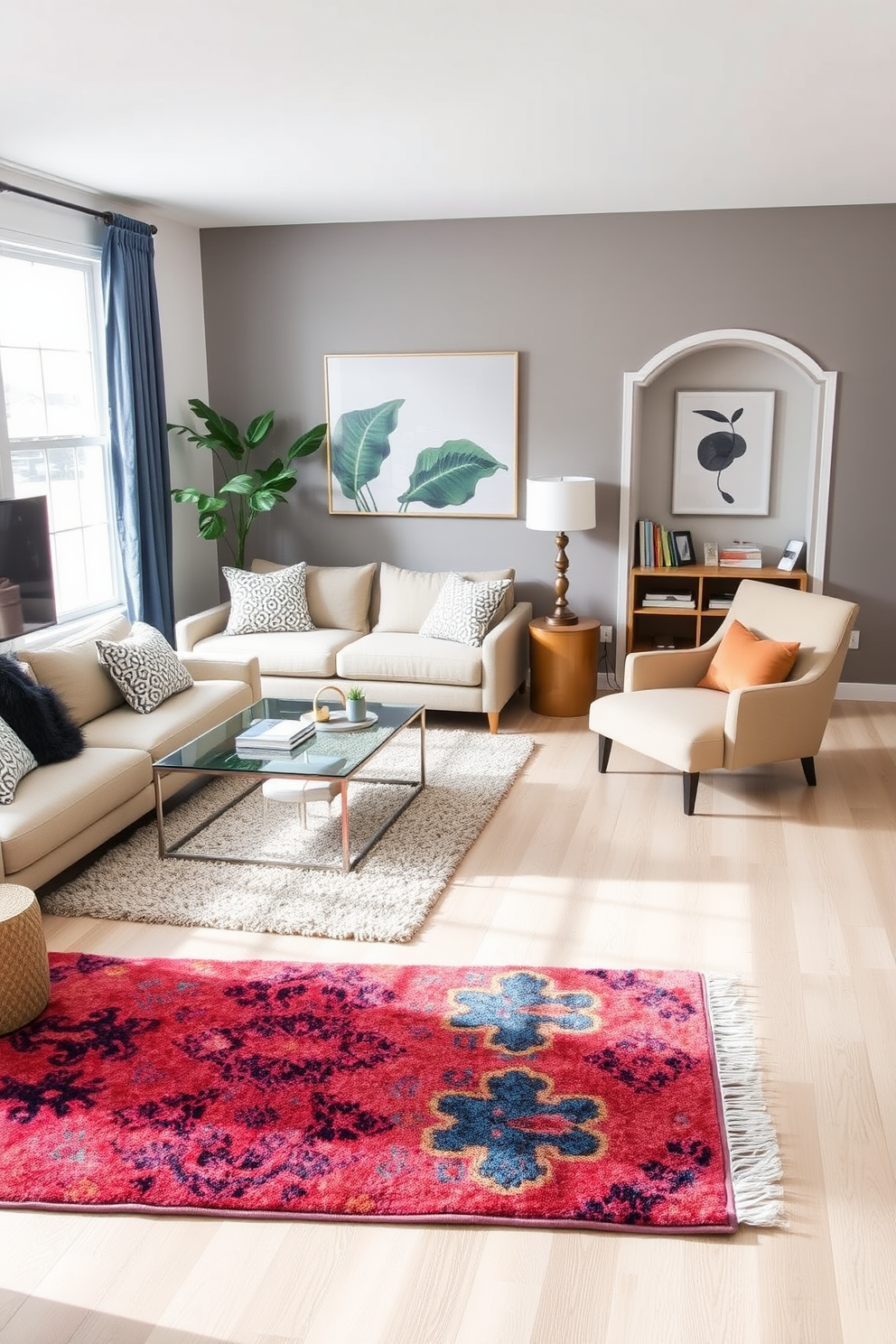 Create a cozy living room that features distinct zones defined by stylish area rugs. The first zone includes a plush rug under a modern sectional sofa paired with a sleek coffee table, while the second zone showcases a vibrant rug beneath a reading nook with a comfortable armchair and a small bookshelf.