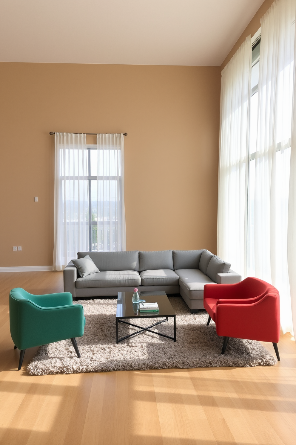 A spacious living room featuring a large sectional sofa in a soft gray fabric positioned in the center. Flanking the sofa are two modern armchairs in a vibrant color, and a sleek coffee table sits atop a plush area rug. The walls are painted in a warm beige hue, creating an inviting atmosphere. Large windows allow natural light to flood the space, adorned with sheer white curtains that gently sway in the breeze.