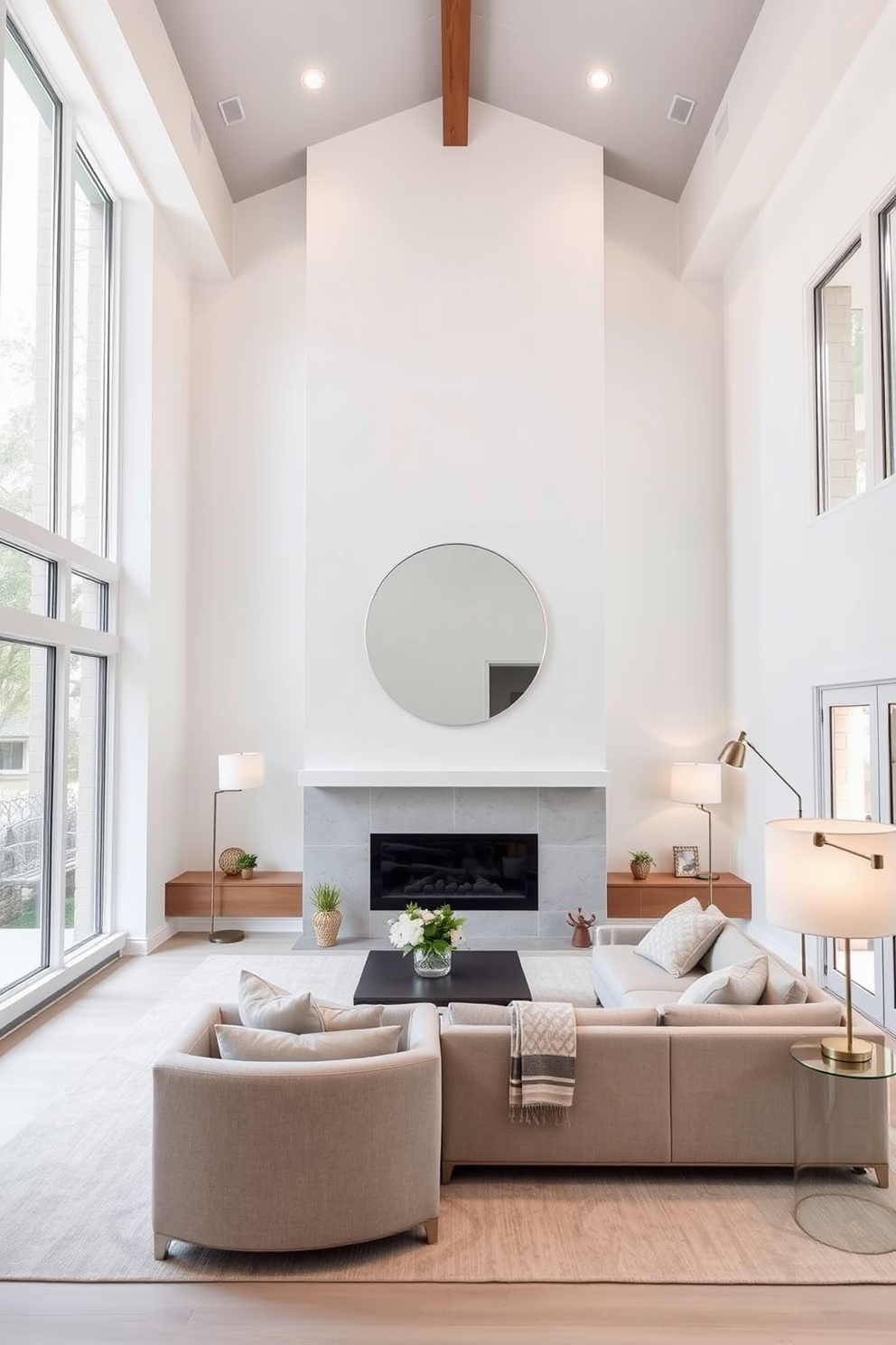 A bright and airy living room featuring large windows that allow natural light to flood the space. The walls are painted in a soft white, creating a clean backdrop for a plush sectional sofa in a light gray fabric. Incorporate a large round mirror above a sleek fireplace to reflect light and create a sense of depth. Add layered lighting with stylish floor lamps and recessed ceiling lights to enhance the cozy ambiance during the evening.