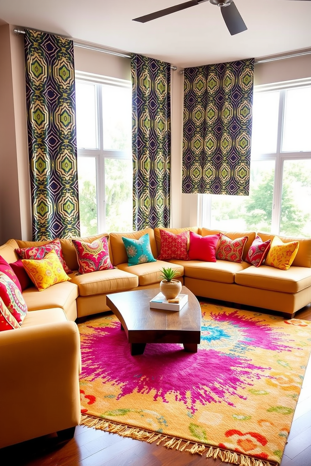 A cozy living room featuring oversized cushions arranged for casual seating. The space is adorned with a plush area rug and a coffee table at the center, surrounded by soft lighting from stylish floor lamps.