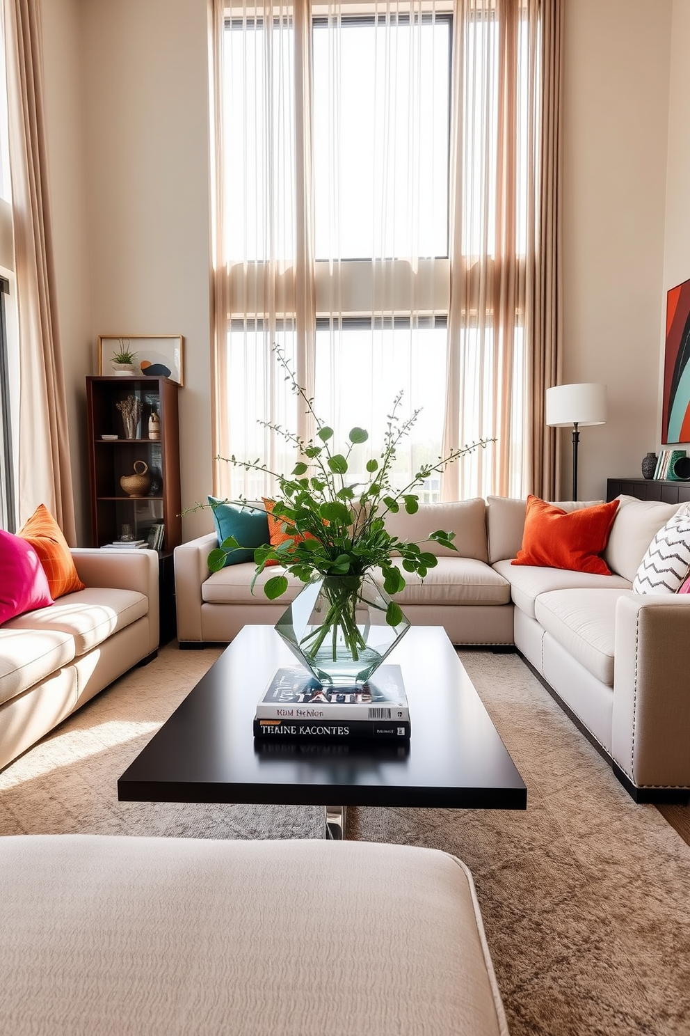 A modern living room setting featuring a plush sectional sofa in a neutral tone, complemented by vibrant throw pillows. In the center, a sleek coffee table showcases a stylish centerpiece with a geometric vase filled with fresh greenery and an art book stacked beneath it. The walls are adorned with abstract artwork that adds a pop of color, while a soft area rug defines the seating area. Large windows let in natural light, creating a warm and inviting atmosphere with sheer curtains gently framing the view.