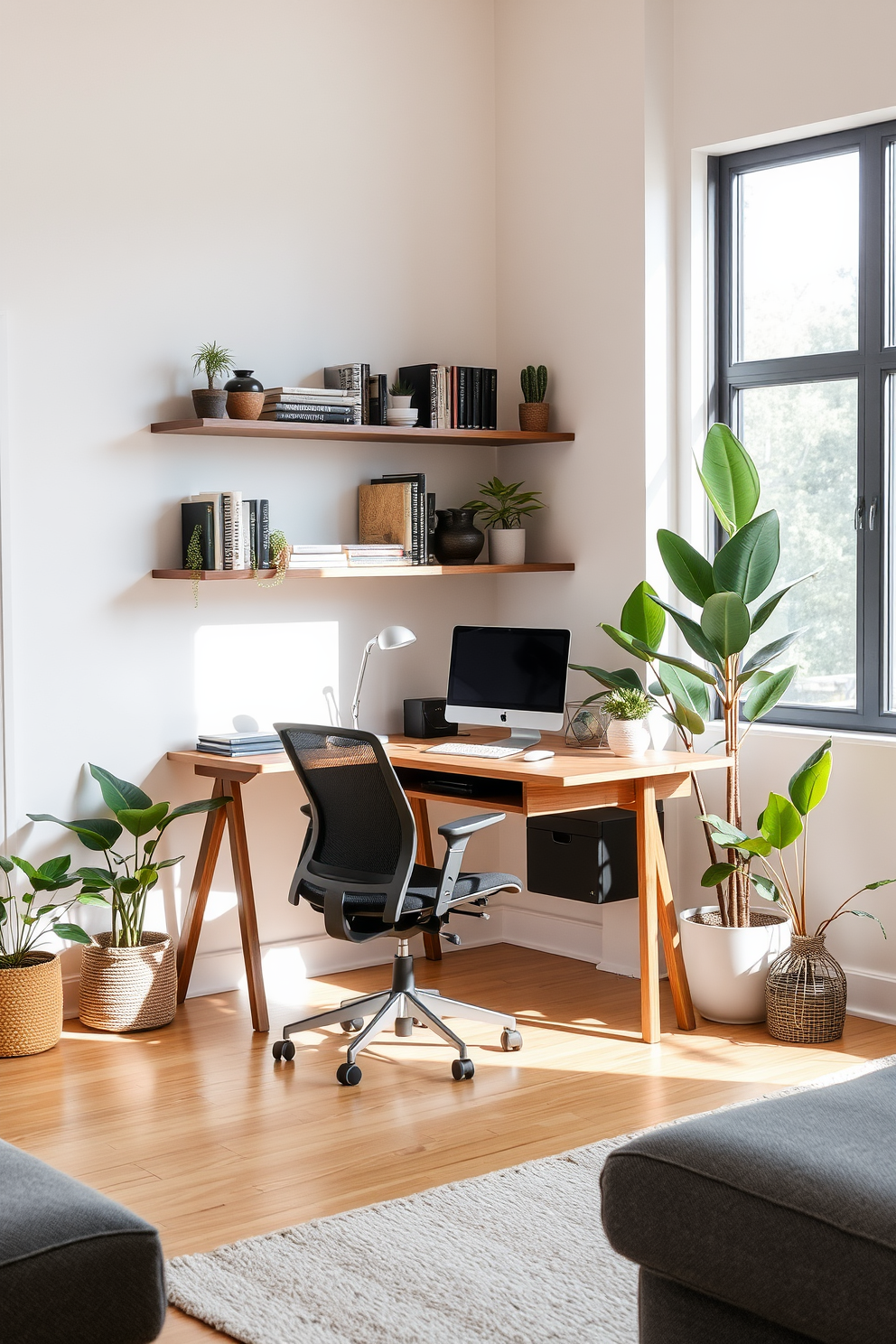 A functional workspace in the living room features a sleek wooden desk positioned near a large window that allows natural light to flood the area. A comfortable ergonomic chair complements the desk, and shelves filled with books and decorative items are mounted on the wall above. The walls are painted in a soft neutral color to create a calming atmosphere, while a cozy area rug defines the workspace. Potted plants placed strategically around the room add a touch of greenery and enhance the overall aesthetic.