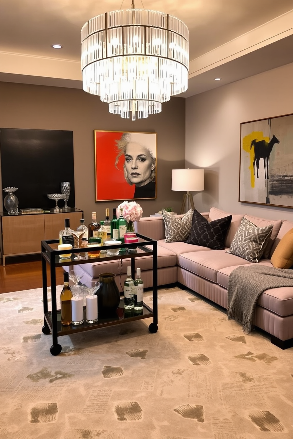 A stylish living room designed for entertaining features a sleek bar cart positioned near a plush sectional sofa. The cart is stocked with an array of spirits and glassware, and a statement chandelier hangs above, casting a warm glow over the space. The walls are adorned with contemporary art pieces that add color and personality. A large area rug anchors the seating arrangement, while decorative pillows and throws invite comfort and relaxation.