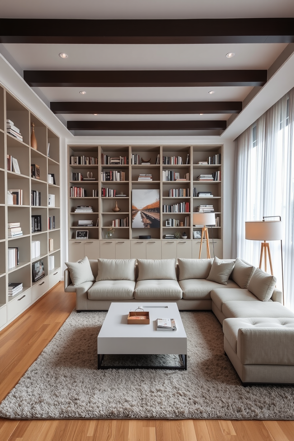 A modern living room featuring a plush sectional sofa in a neutral tone facing a sleek coffee table. Built-in shelving units line the walls, providing stylish storage solutions filled with books and decorative items. Large windows allow natural light to flood the space, adorned with sheer curtains that add a soft touch. A cozy area rug anchors the seating arrangement, while a statement floor lamp adds warmth and ambiance.