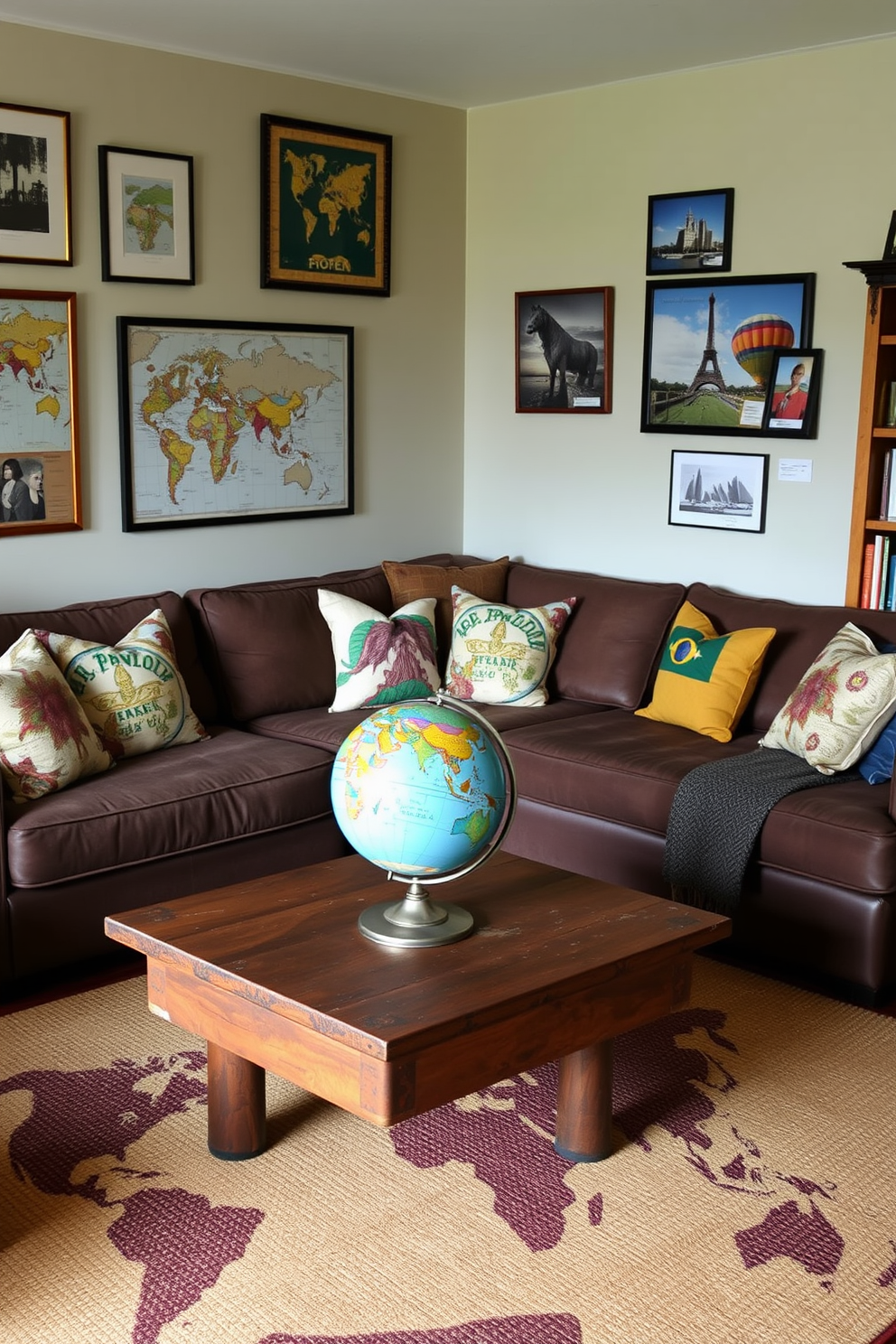 A travel-themed living room that evokes the spirit of adventure. The space features a vintage globe as a centerpiece on a rustic coffee table surrounded by a comfortable sectional sofa adorned with throw pillows from various countries. The walls are decorated with framed maps and photographs of iconic landmarks. A woven rug with a global pattern anchors the room, while a bookshelf showcases travel books and souvenirs collected from around the world.