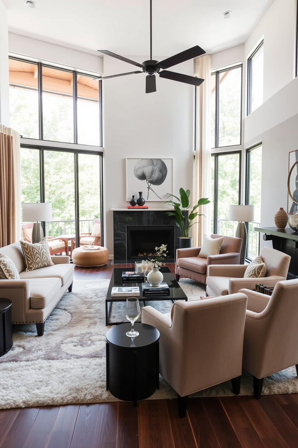 A modern living room featuring a sleek sectional sofa in a neutral tone complemented by a glass coffee table. The space is illuminated by elegant pendant lights hanging from the ceiling, adding a contemporary flair to the cozy atmosphere. The walls are adorned with minimalist artwork, while a plush area rug anchors the seating area. Large windows allow natural light to flood the room, enhancing the open and airy feel of the space.