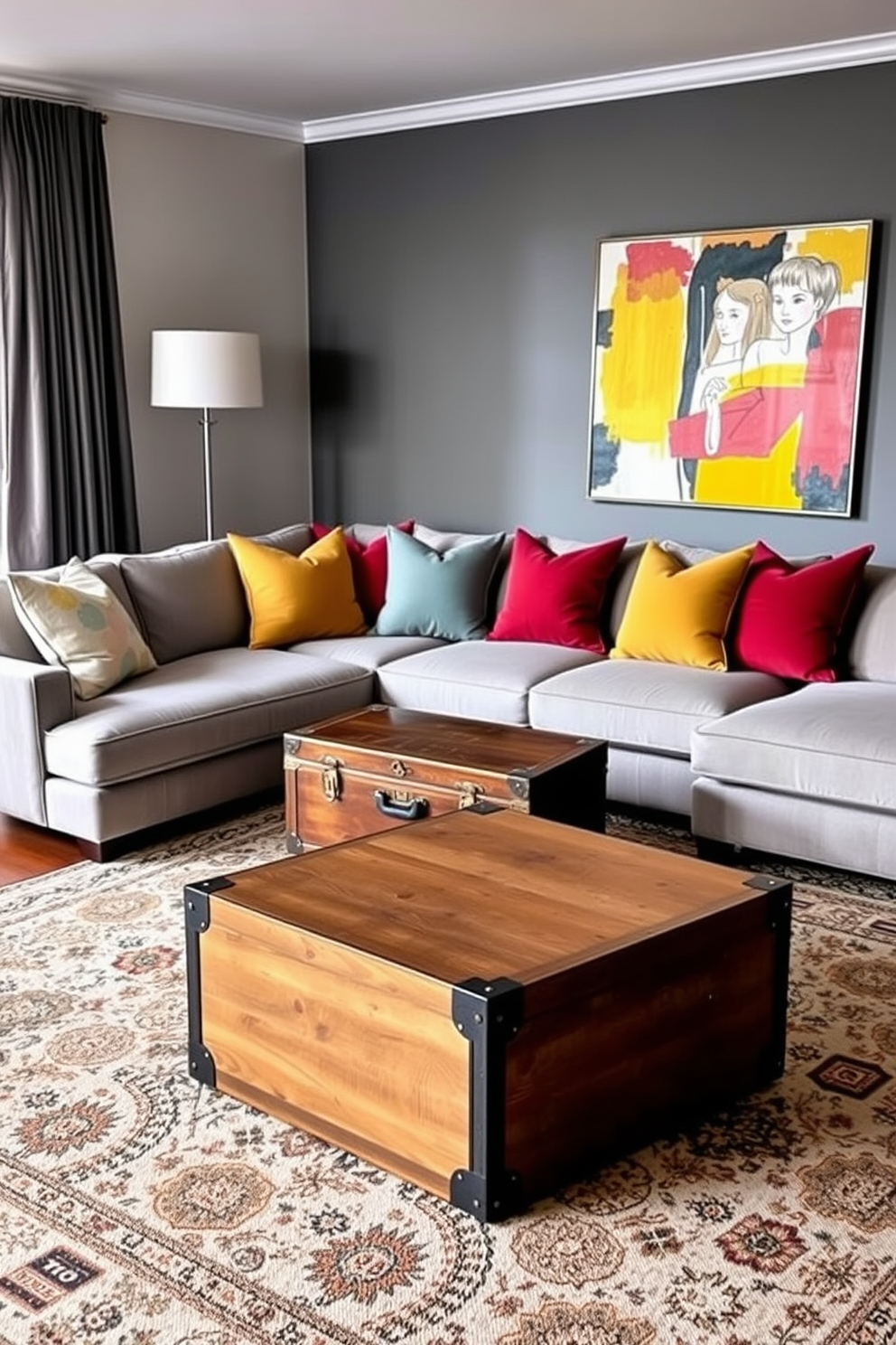 A stylish living room featuring a plush sectional sofa in a soft gray fabric, complemented by a set of colorful throw pillows. A vintage trunk sits in front of the sofa, serving both as storage and a unique decorative element. On the wall opposite the sofa, a large abstract painting brings a pop of color to the space, while a sleek wooden coffee table anchors the seating area. A cozy area rug with intricate patterns lies beneath the coffee table, adding warmth and texture to the room.