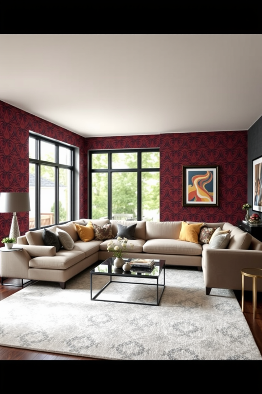 A contemporary living room featuring a striking accent wall adorned with bold patterned wallpaper. The space includes a plush sectional sofa in a neutral tone, complemented by colorful throw pillows and a sleek coffee table at the center. Large windows allow natural light to flood the room, enhancing the warm ambiance. A stylish area rug anchors the seating arrangement, while tasteful artwork adorns the remaining walls, adding character to the space.