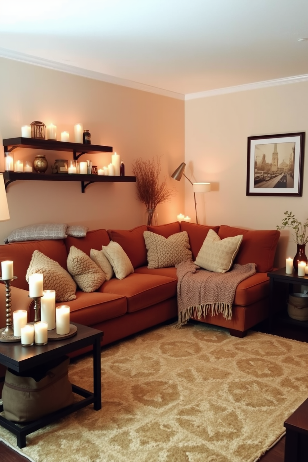 A cozy living room setting filled with soft lighting from various candles placed on shelves and tables. The furniture features a plush sectional sofa in warm tones, adorned with textured throw pillows and a knitted blanket. A large area rug anchors the space, providing a comfortable foundation for the seating arrangement. The walls are painted in a soft beige, complemented by framed artwork that adds a touch of personality to the room.