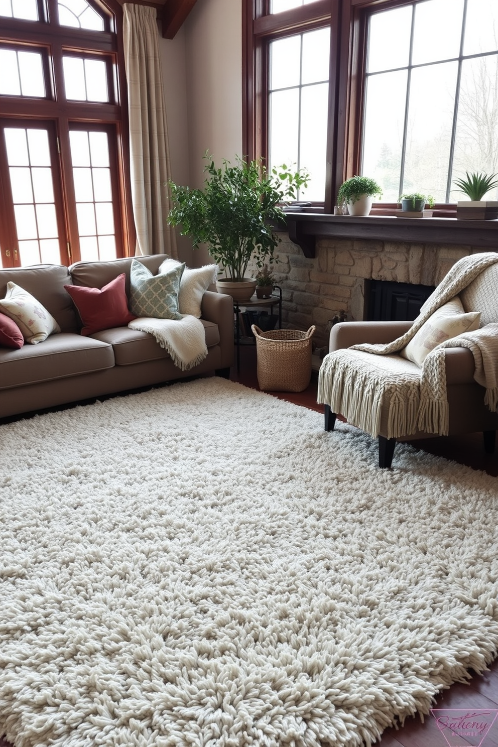 A cozy living room filled with layered textures that invite comfort and warmth. A large, plush area rug anchors the seating area, complemented by various throw pillows in different fabrics and patterns on the sofa. In one corner, a soft knitted throw drapes over an oversized armchair, adding depth to the space. Natural light floods in through large windows, illuminating the room's rich color palette and creating a welcoming atmosphere.