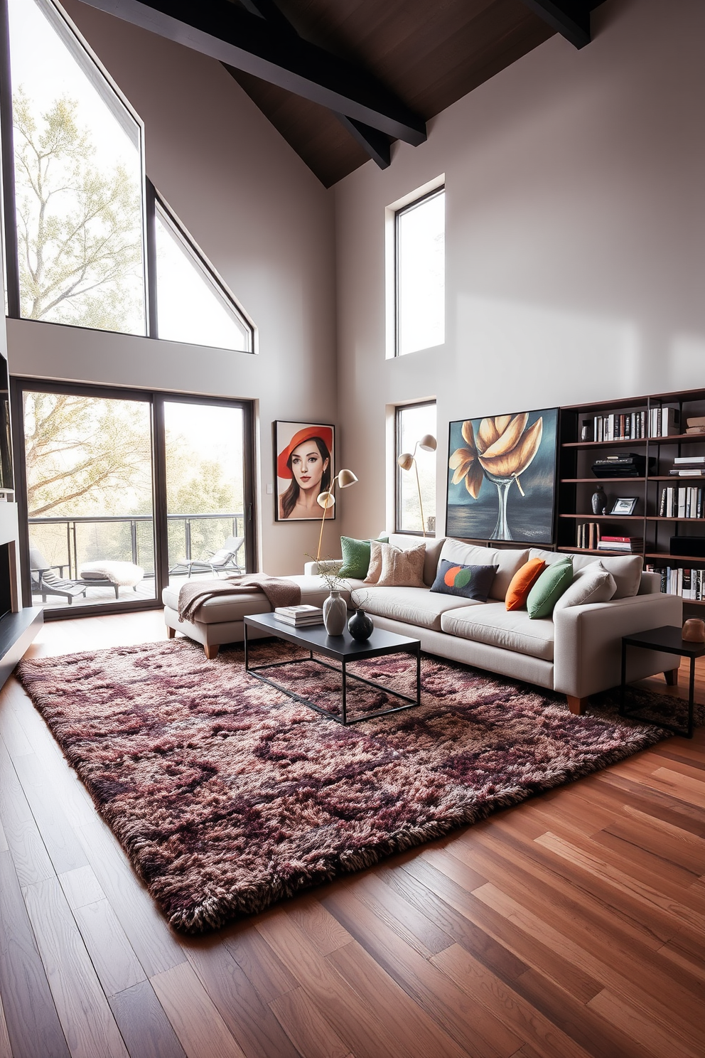 A modern living room featuring large sliding glass doors that seamlessly connect the indoor space with the outdoor patio. The room is adorned with a plush sectional sofa in neutral tones, accented by vibrant throw pillows and a stylish coffee table at the center. Natural light floods the space, highlighting a beautiful area rug that anchors the seating arrangement. A gallery wall showcasing framed artwork adds personality, while potted plants bring a touch of greenery to the design.