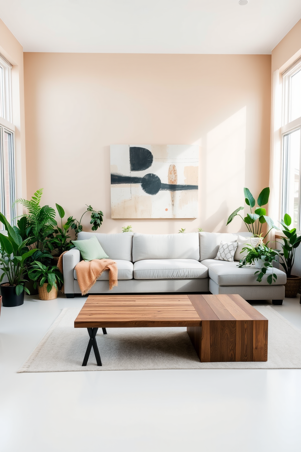 A bright and airy living room filled with natural light. A large sectional sofa in a soft gray color is positioned in the center, surrounded by various indoor plants that add a touch of freshness and vibrancy. On one side, a sleek coffee table made of reclaimed wood complements the space. The walls are painted in a warm beige tone, and a large abstract painting hangs above the sofa, enhancing the room's modern aesthetic.