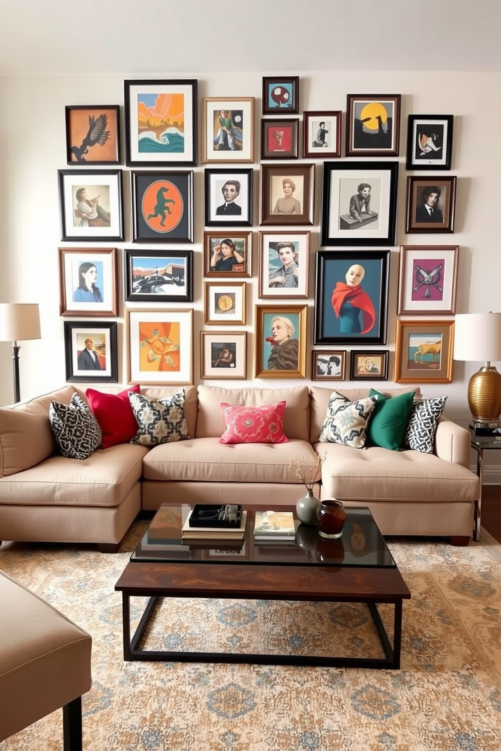 A gallery wall filled with an eclectic mix of framed artwork creates a vibrant focal point in the living room. The artwork features a variety of styles and colors, harmoniously arranged to draw the eye and inspire conversation. The living room is designed with a cozy sectional sofa in a neutral tone, accented by colorful throw pillows. A stylish coffee table sits in the center, surrounded by an area rug that adds warmth to the space.