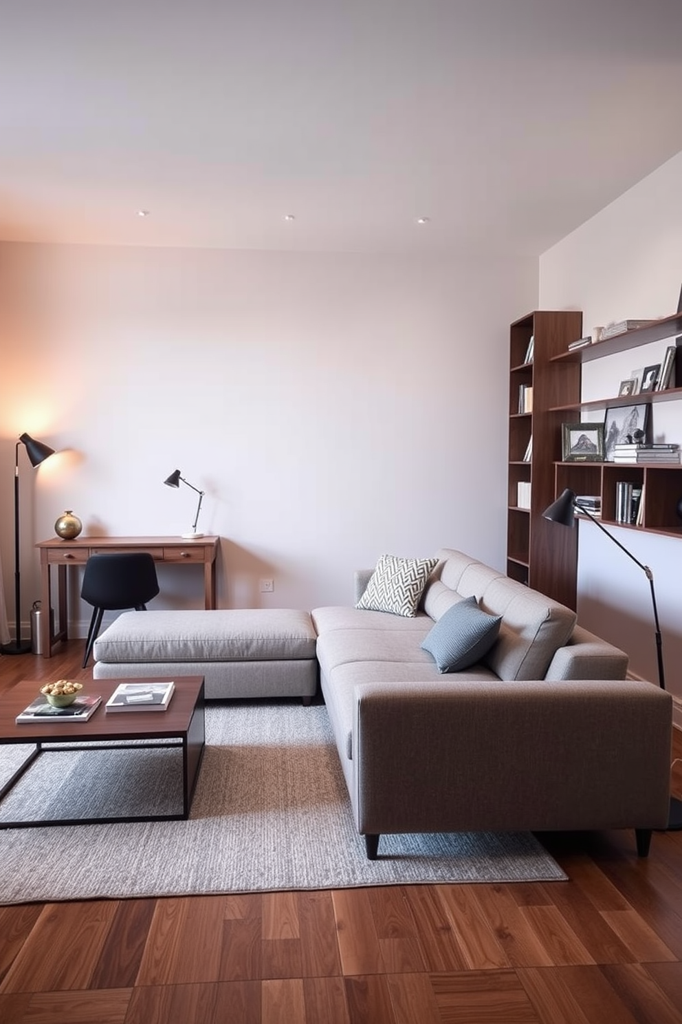 A stylish living room featuring a neutral color palette complemented by vibrant accents. The space includes a plush beige sofa adorned with colorful throw pillows and a large area rug that ties the room together. Natural light floods in through large windows, highlighting the artwork on the walls. A sleek coffee table sits in the center, surrounded by modern accent chairs that add a touch of personality.