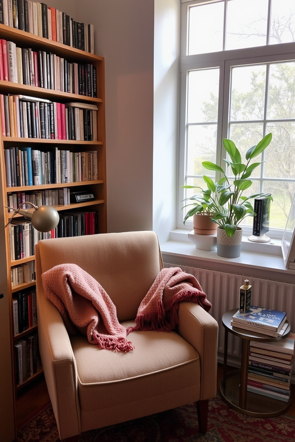 A cozy reading nook corner features a plush armchair upholstered in soft fabric nestled beside a tall bookshelf filled with an array of books. A warm throw blanket drapes over the armchair, and a small side table holds a steaming cup of tea and a decorative lamp providing gentle lighting. Natural light streams in through a nearby window, illuminating the space and highlighting a vibrant indoor plant placed on the windowsill. The nook is adorned with a colorful area rug that adds texture and warmth, inviting you to curl up with a good book.