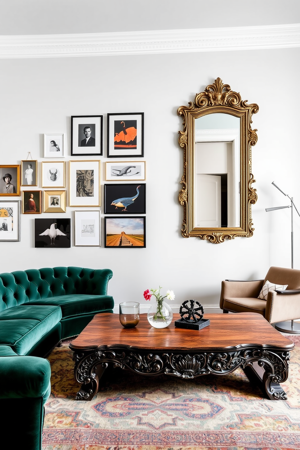 A living room that seamlessly blends vintage and contemporary decor styles. The space features a plush velvet sofa in a deep emerald green paired with a reclaimed wood coffee table that showcases intricate carvings. On the walls, a gallery of modern art pieces contrasts beautifully with an ornate vintage mirror. A mid-century armchair sits in the corner, complemented by a sleek floor lamp with a minimalist design.