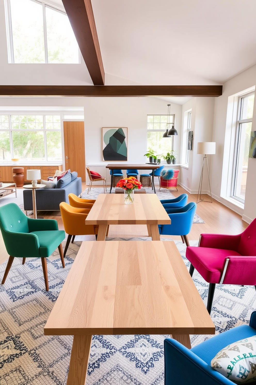 A light wood table serves as the centerpiece for a stylish living room and dining room combo. Surrounding the table are bold accent chairs in vibrant colors, creating a striking contrast against the warm tones of the wood. The space features an open layout that seamlessly blends the living and dining areas. Large windows allow natural light to flood the room, enhancing the inviting atmosphere.