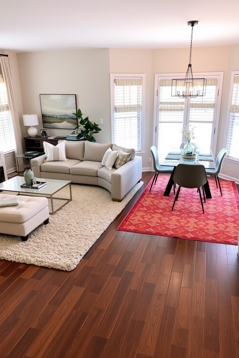 Create a warm and inviting living room and dining room combo that features distinct zones defined by area rugs. The living area showcases a plush area rug in soft neutrals, surrounding a cozy sectional sofa and a modern coffee table, while the dining area boasts a vibrant patterned rug under a sleek dining table with stylish chairs.