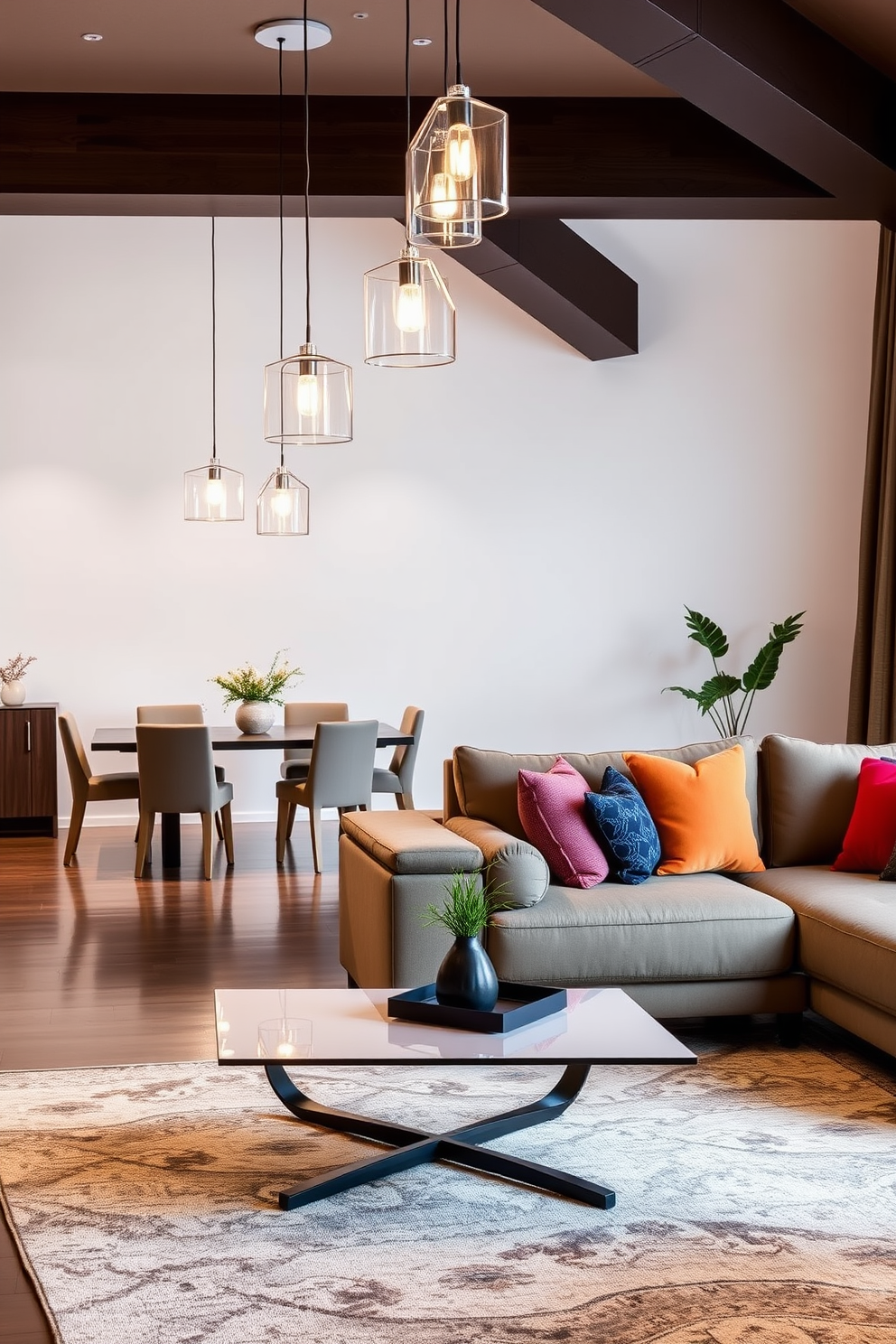 A stylish living room and dining room combo featuring open shelving for decorative display. The shelves are filled with an eclectic mix of books, plants, and art pieces, creating a vibrant focal point in the space. The living area is adorned with a plush sectional sofa in a neutral tone, complemented by colorful throw pillows. A sleek dining table with modern chairs sits adjacent, surrounded by soft ambient lighting from an overhead fixture.