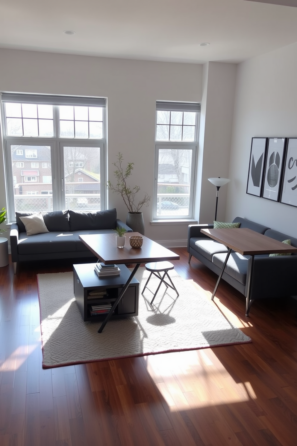 A stylish living room dining room combo featuring multi-functional furniture that maximizes space. A sleek sofa bed is positioned against the wall, complemented by a foldable dining table that can accommodate four guests when extended. The decor includes a modern coffee table with built-in storage and a cozy area rug that ties the space together. Large windows allow natural light to flood the room, enhancing the airy feel of this versatile living area.