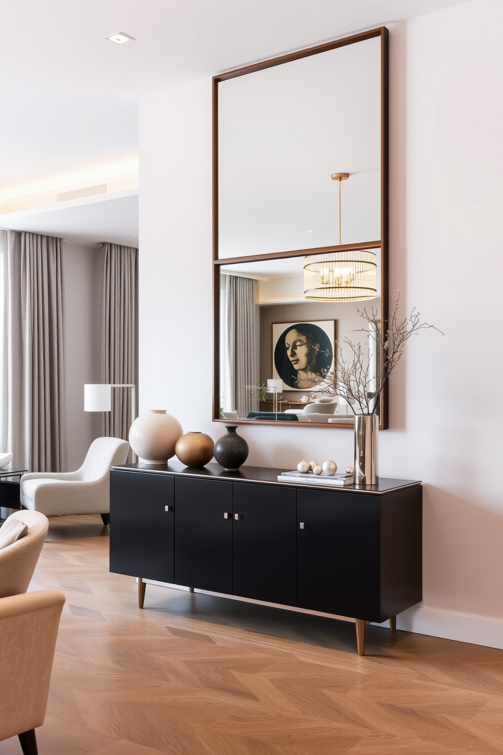 A stylish living room dining room combo features a sleek sideboard against the wall for extra storage. The sideboard is adorned with decorative objects and a large mirror above it, reflecting the warm light from the pendant chandelier hanging overhead.