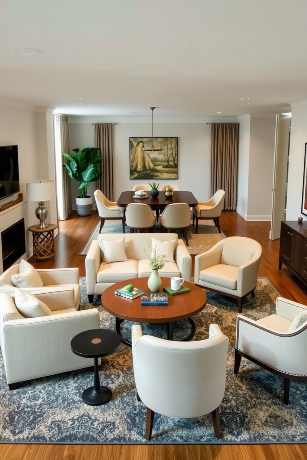 Create a living room and dining room combo that harmoniously blends round and square furniture shapes. The seating area features a round coffee table surrounded by square armchairs, while the dining space showcases a rectangular table with round chairs for an inviting atmosphere.