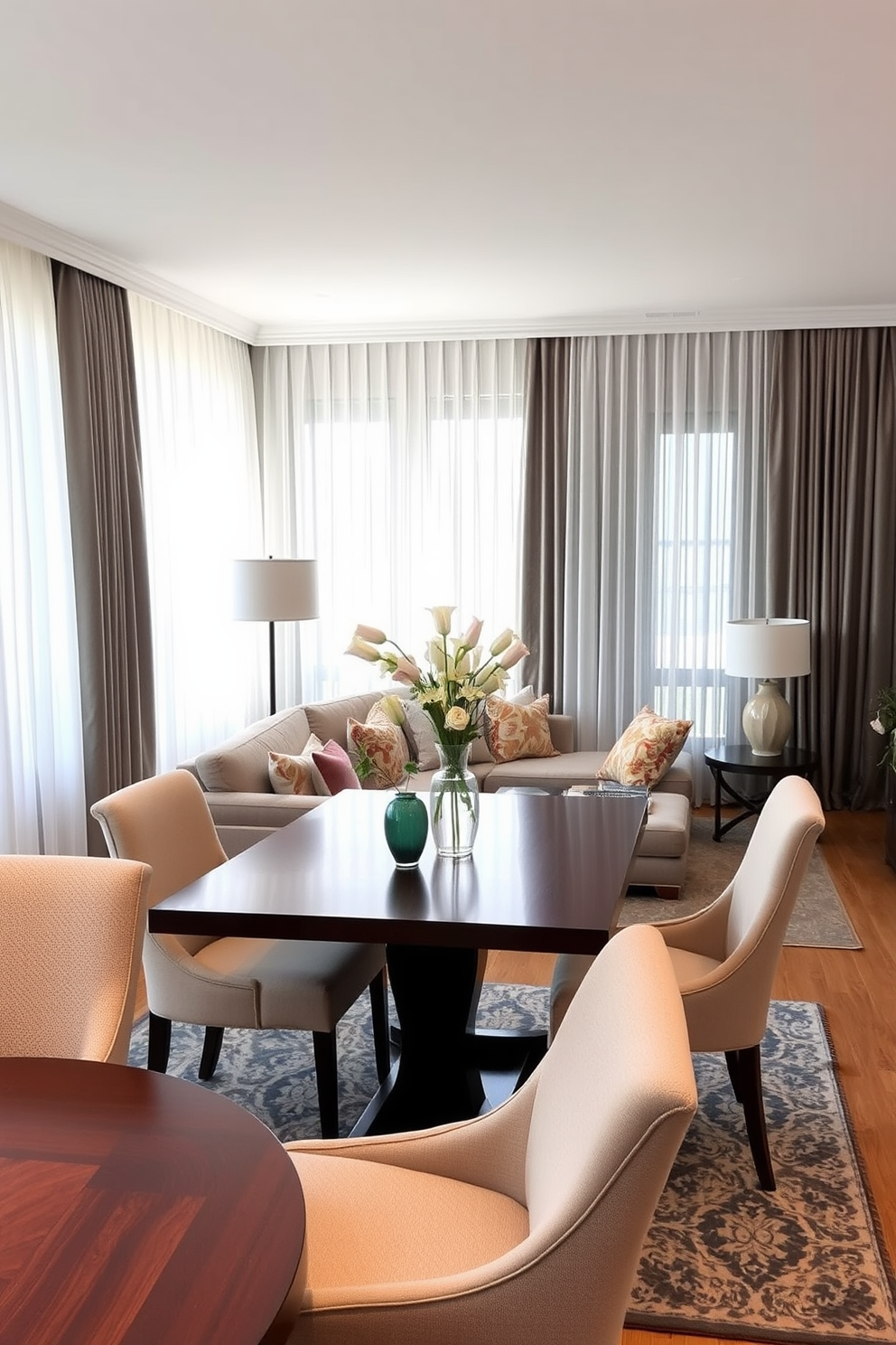 A stylish living room dining room combo featuring sheer curtains that gracefully separate the two areas while allowing natural light to flow through. The living area includes a plush sectional sofa adorned with colorful throw pillows, and the dining area showcases a sleek wooden table surrounded by elegant upholstered chairs.