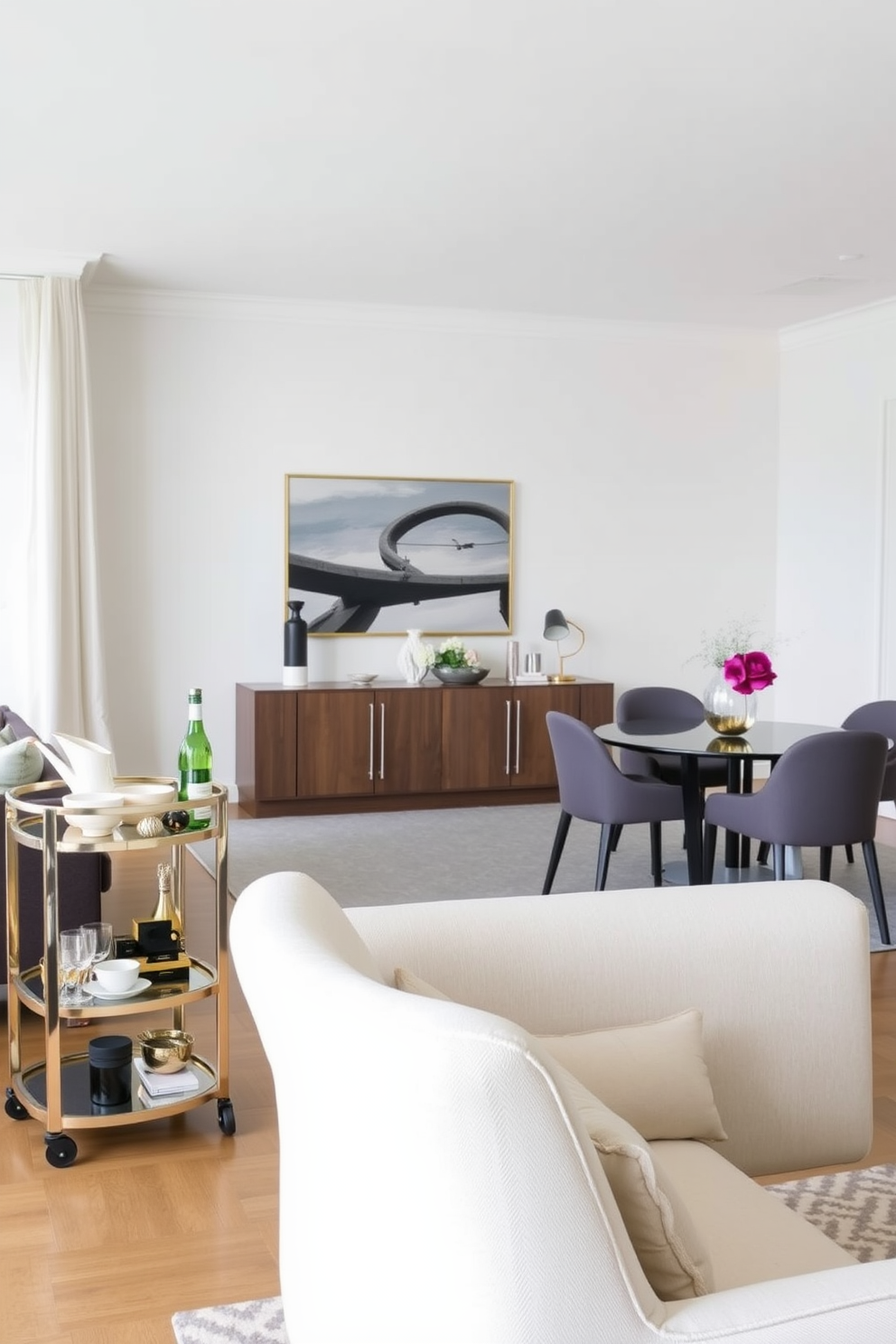 A stylish living room dining room combo features a sleek bar cart positioned near the seating area for easy entertaining. The space showcases a modern dining table paired with elegant chairs, creating a seamless flow between dining and relaxation zones.