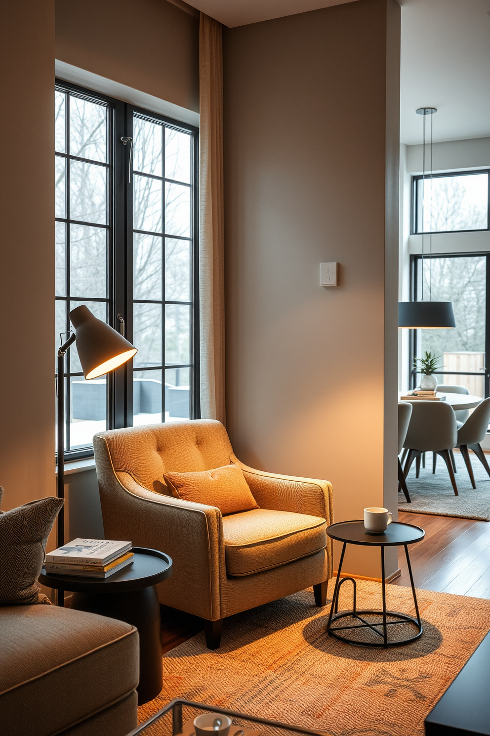 Create a cozy reading nook in the corner of a living room featuring a plush armchair upholstered in soft, neutral fabric. A small side table next to the chair holds a stack of books and a warm cup of tea, while a floor lamp with a warm glow illuminates the space. Incorporate a dining room combo design that seamlessly blends with the living area, showcasing a modern dining table surrounded by stylish chairs. The open layout allows for natural light to flow through large windows, enhancing the inviting atmosphere.