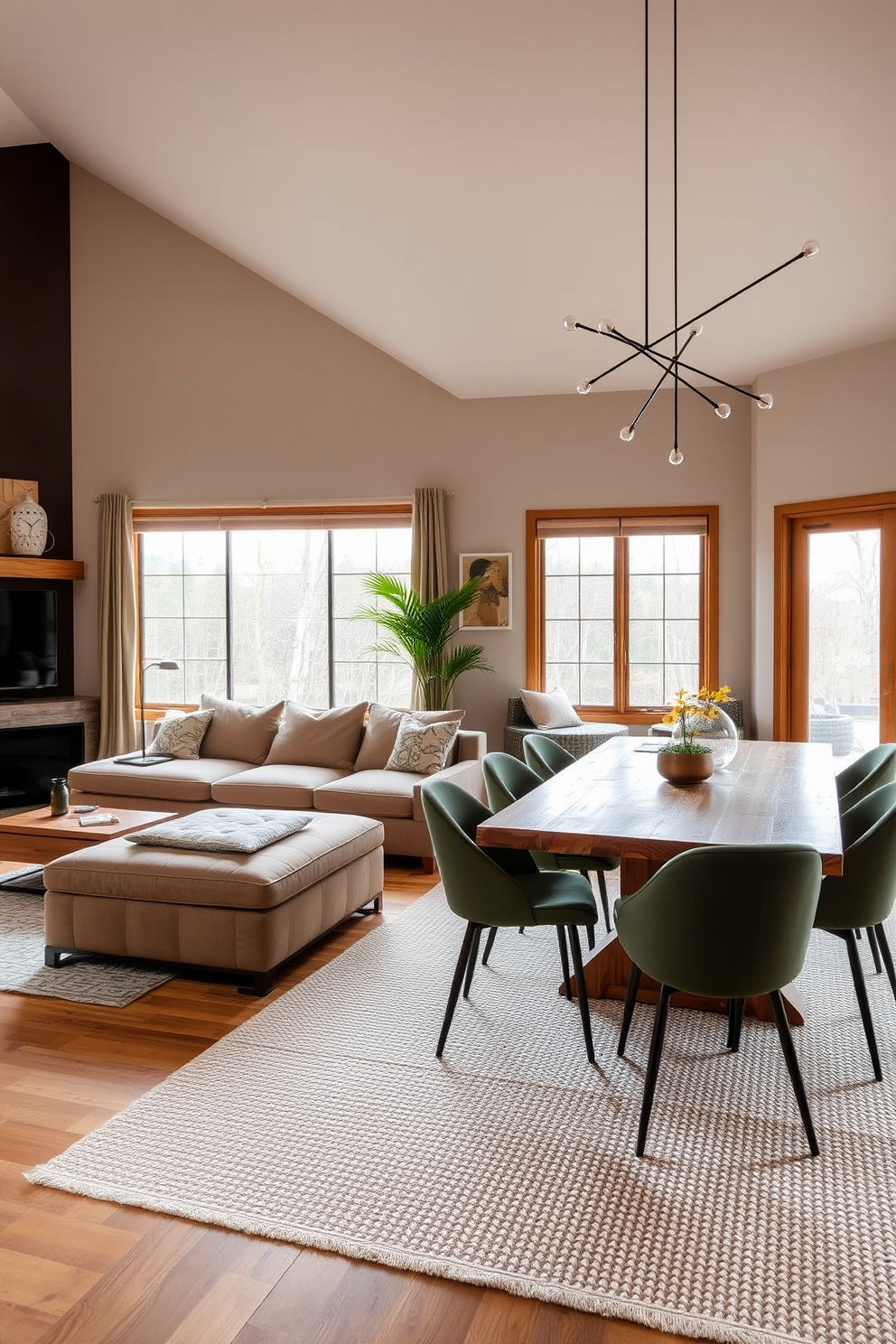 A spacious living room dining room combo featuring earthy tones with clean lines. The furniture includes a large sectional sofa in a warm beige fabric paired with a reclaimed wood coffee table. Adjacent to the living area, a modern dining table made of dark wood is surrounded by sleek, upholstered chairs in muted green. Large windows allow natural light to flood the space, highlighting the textured area rug that complements the overall color palette.