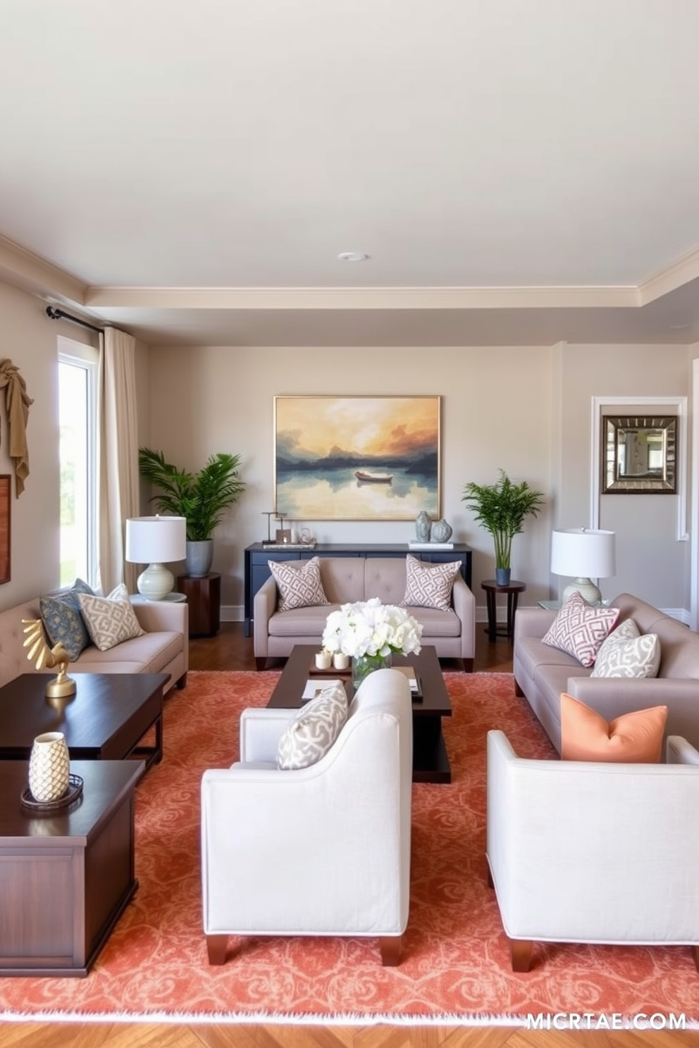 A stunning living room and dining room combo featuring a statement chandelier as the focal point. The chandelier hangs gracefully above a large wooden dining table surrounded by elegant upholstered chairs, while the living area boasts a plush sectional sofa and a chic coffee table.