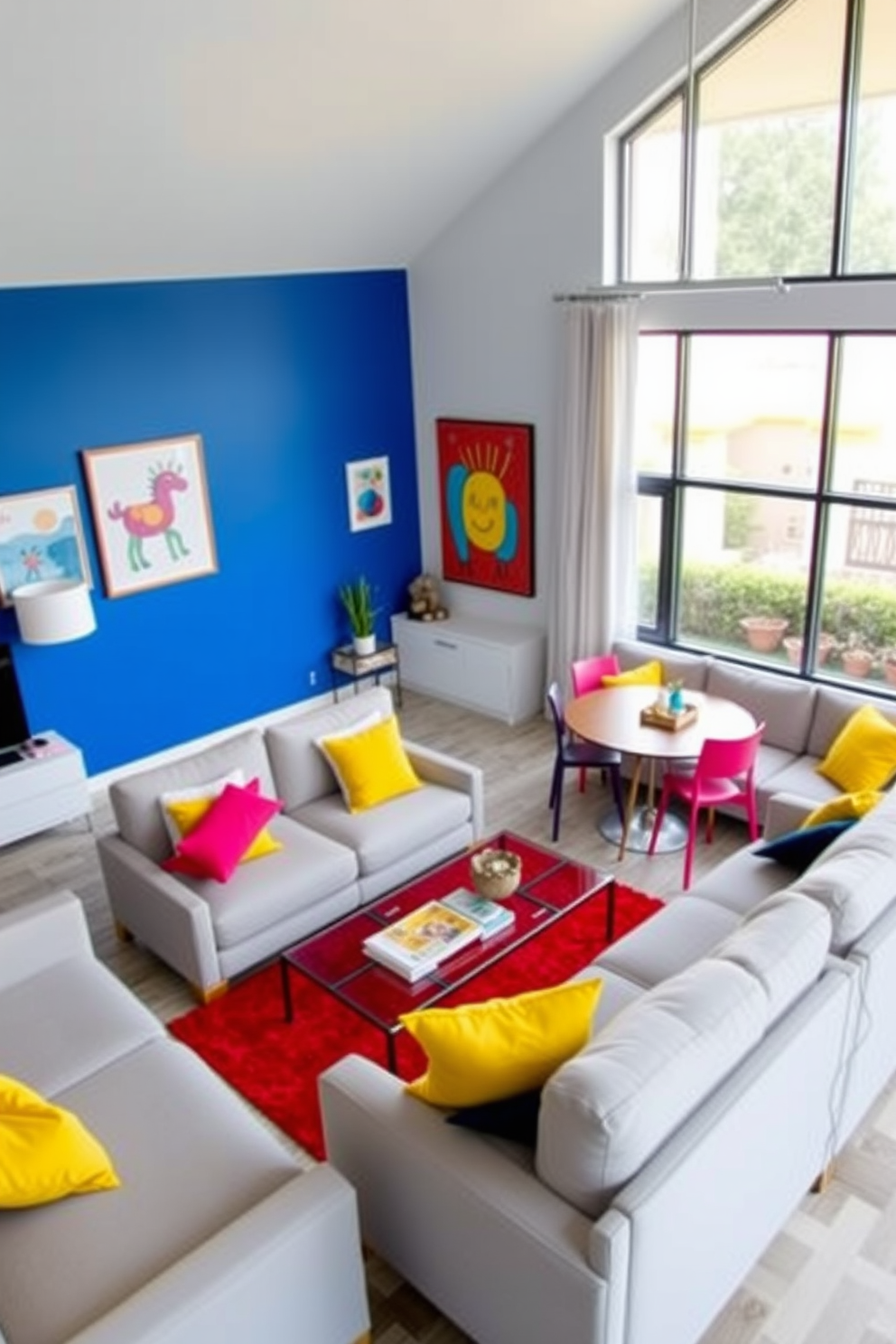 A vibrant living room dining room combo featuring a bold blue accent wall that contrasts with light gray furniture. The space includes a modern dining table with colorful chairs and playful artwork that adds a sense of fun and energy to the room. Incorporate bright yellow throw pillows on the sofa and a striking red area rug under the dining table. Large windows allow natural light to flood the space, enhancing the cheerful atmosphere and showcasing the colorful decor.