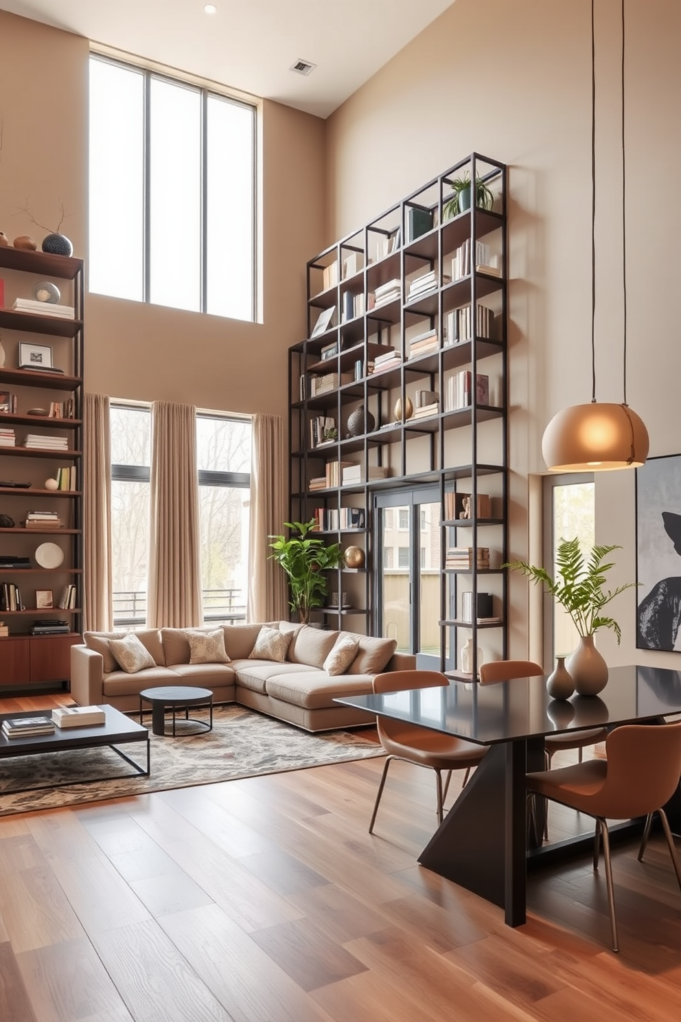 A modern living room and dining room combo featuring tall shelves that utilize vertical space effectively. The shelves are filled with curated decor items and books, creating a visually appealing focal point in the open layout. The living area is adorned with a plush sectional sofa and a sleek coffee table, while the dining area showcases a contemporary table with stylish chairs. Large windows allow natural light to flood the space, enhancing the warm color palette of the walls and furnishings.