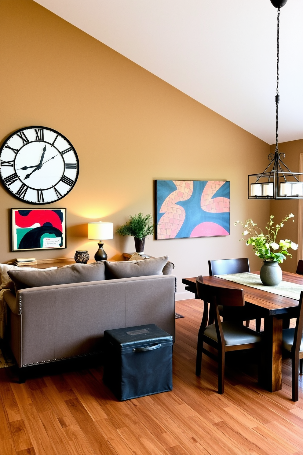 A spacious living room and dining room combo features a large statement clock mounted on the wall, serving as a focal point. The area is filled with a blend of modern and rustic elements, including a comfortable sectional sofa and a stylish wooden dining table. Soft lighting fixtures hang above the dining table, creating an inviting atmosphere for gatherings. The walls are painted in a warm neutral tone, complemented by vibrant artwork that adds character to the space.